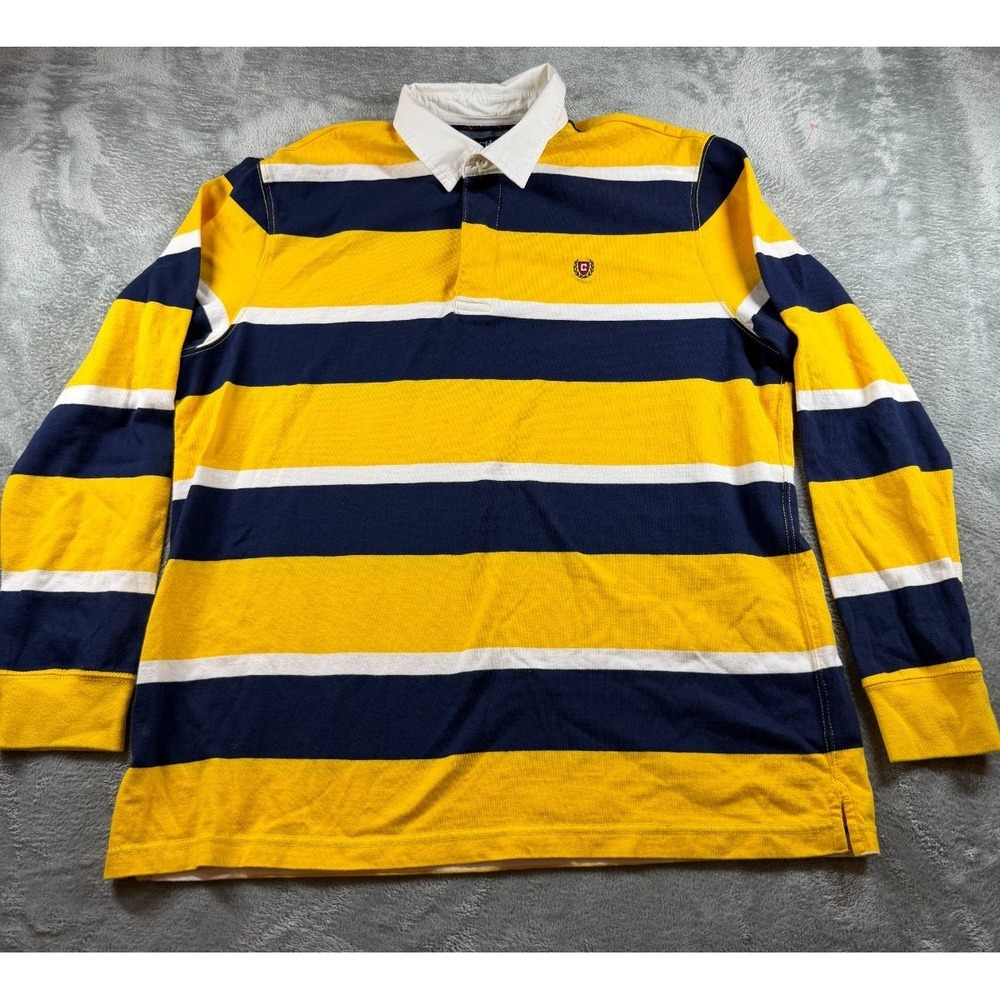 Chaps Rugby Shirt XL Yellow Navy Striped Long Sleeve Polo Crest